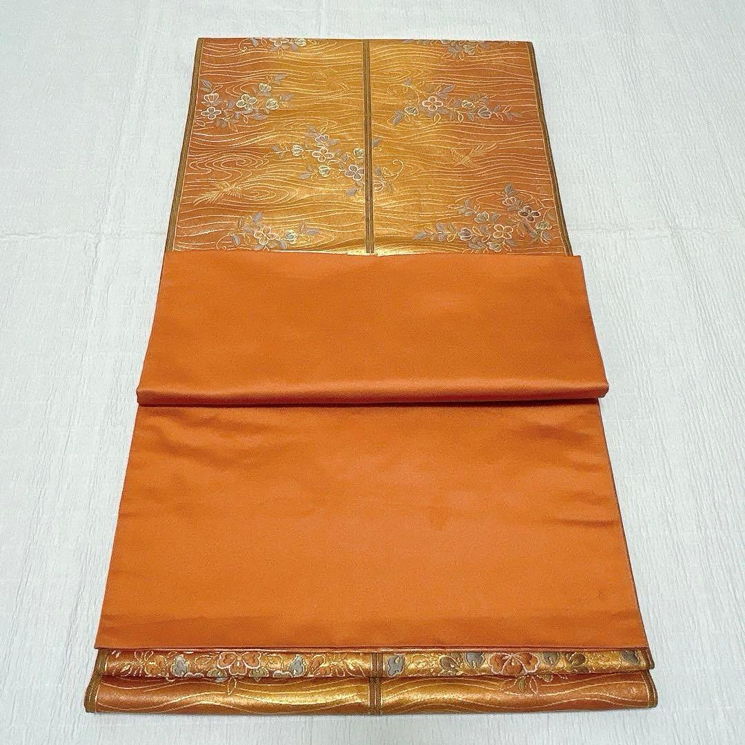 梅垣織物　袋帯　格子華文　西陣織　引箔　正絹　金糸　オレンジゴールド系　逸品