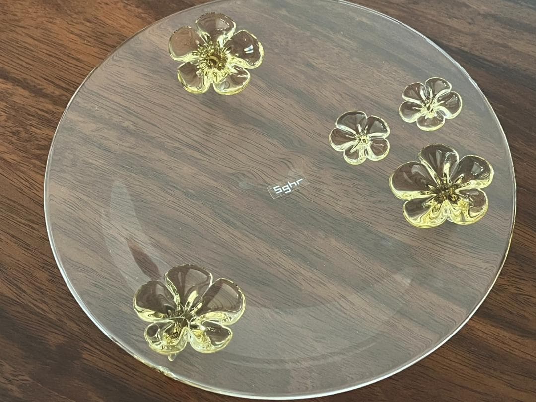 ◆未使用 スガハラ カメリア 足付プレート 23cm お皿 イエロー系 箱付