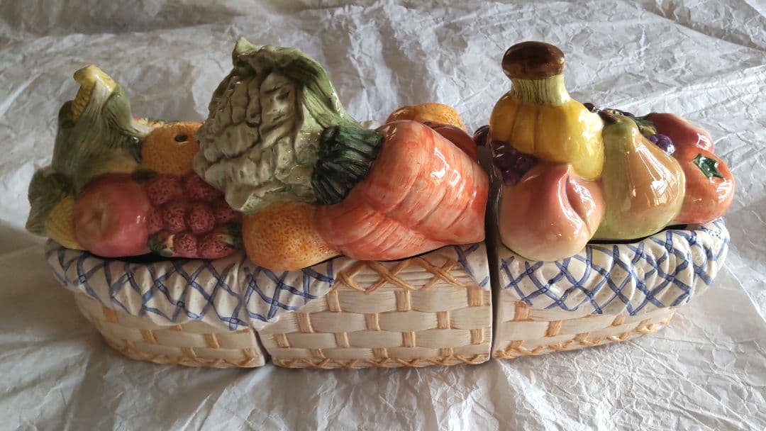 フルーツ キャニスター 陶器 3連 アンティーク レトロ イタリア 保存容器