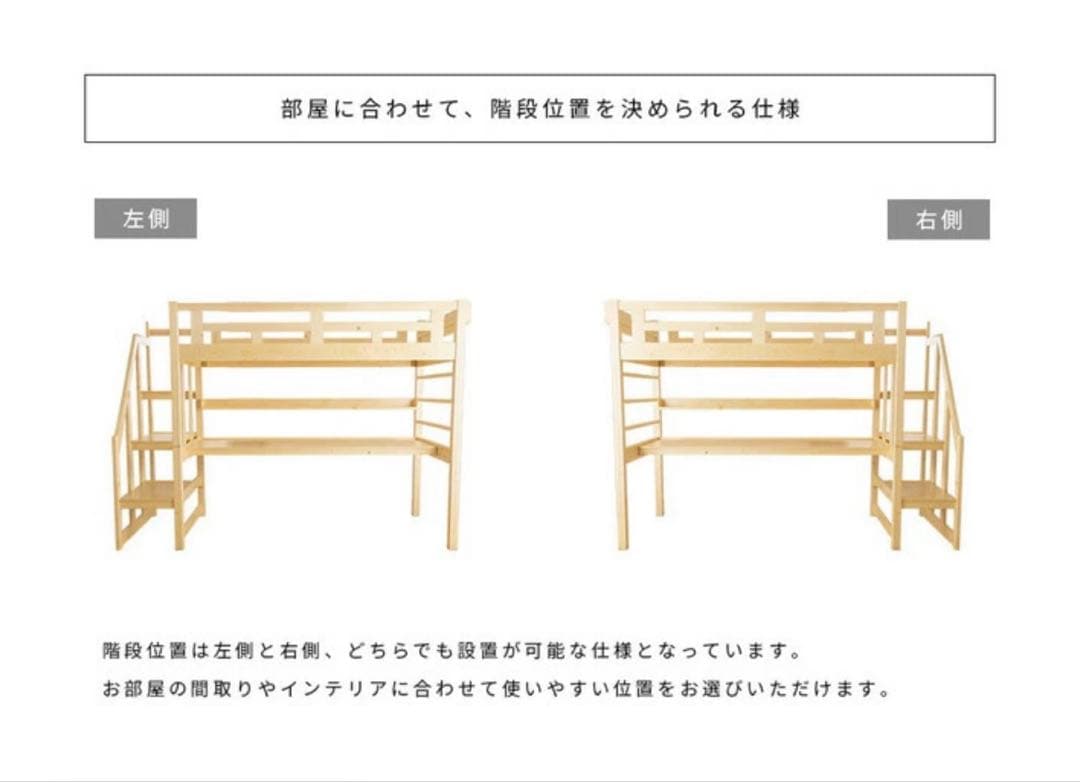 階段付きロフトベッド　デスク　コンセント付き　パイン無垢　すのこ仕様