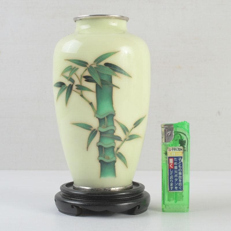 七宝焼　竹文　花瓶　唐木台・時代箱付　V　9462