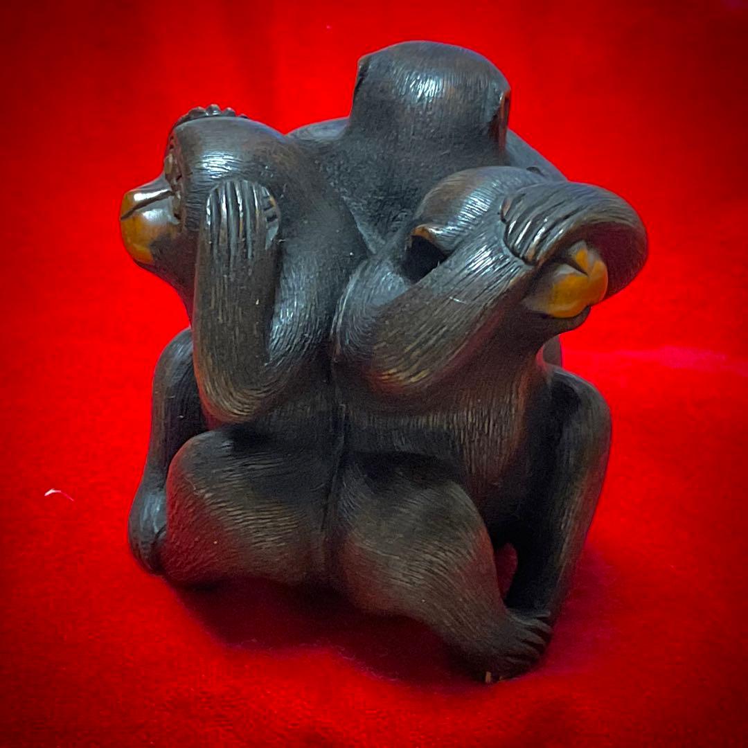 三猿　「見ざる、言わざる、聞かざる」彫銘「光一」置物根付