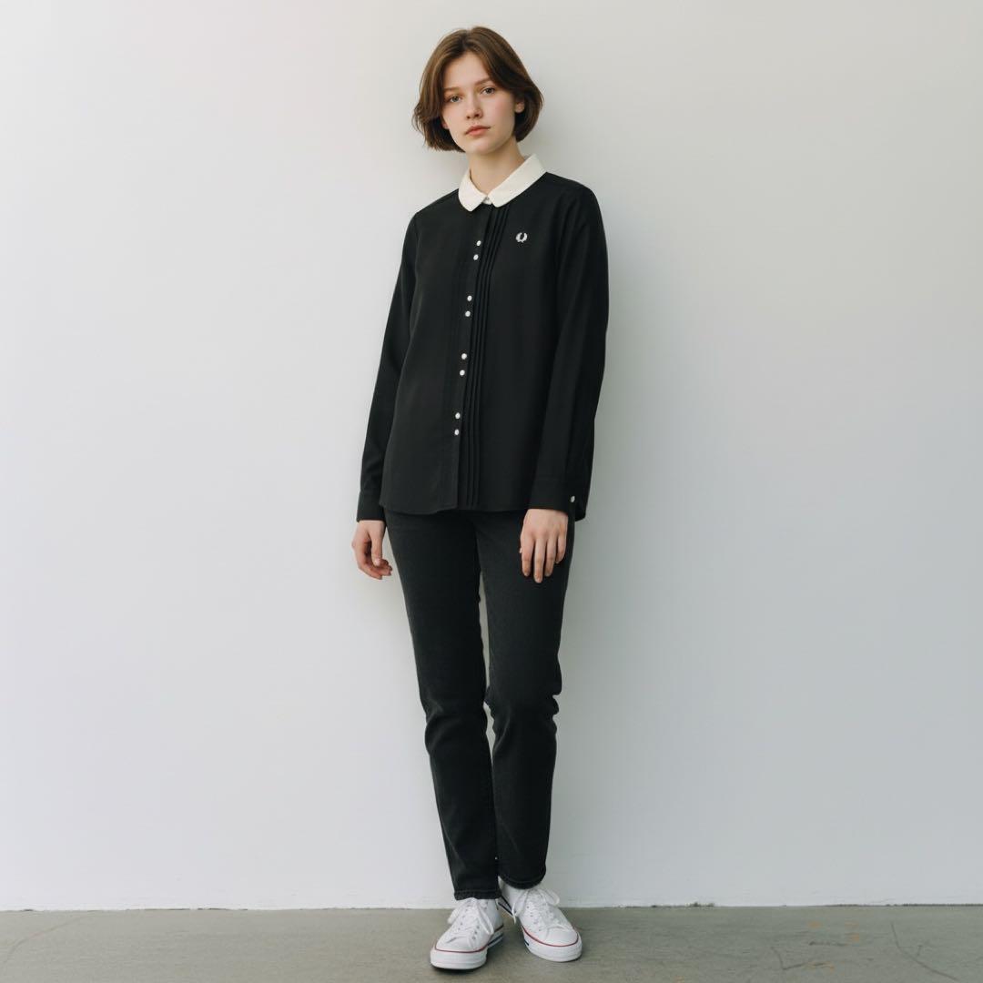 【極美品】FRED PERRYフレッドペリー ピンタッククレリックシャツM黒