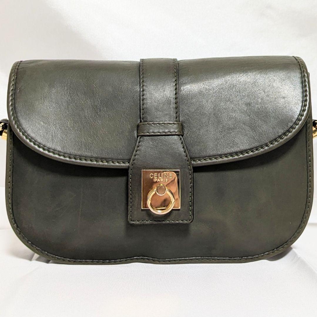 セリーヌ ショルダーバッグ ガンチーニ レザー 肩掛 フラップ 希少 カーキ