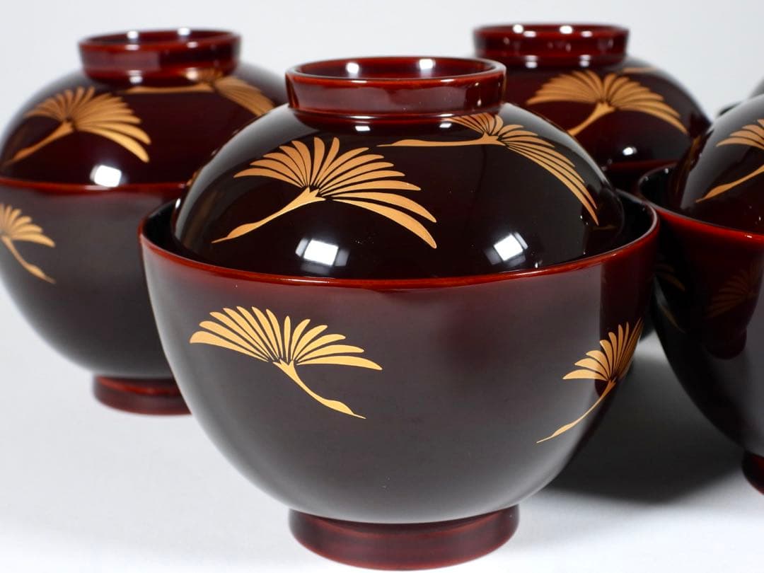 【らいおん】塗師 哲舟 蒔絵師 光峯 輪島屋本店造 輪島塗吸物椀 五客共箱