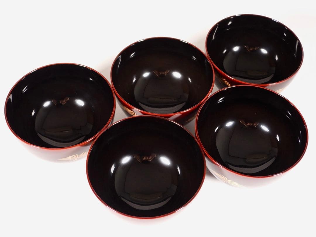 【らいおん】塗師 哲舟 蒔絵師 光峯 輪島屋本店造 輪島塗吸物椀 五客共箱