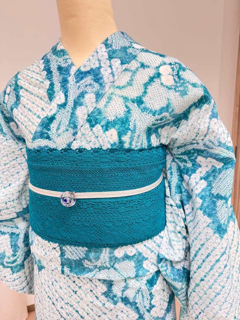 有松絞り青緑系花柄浴衣(美品)