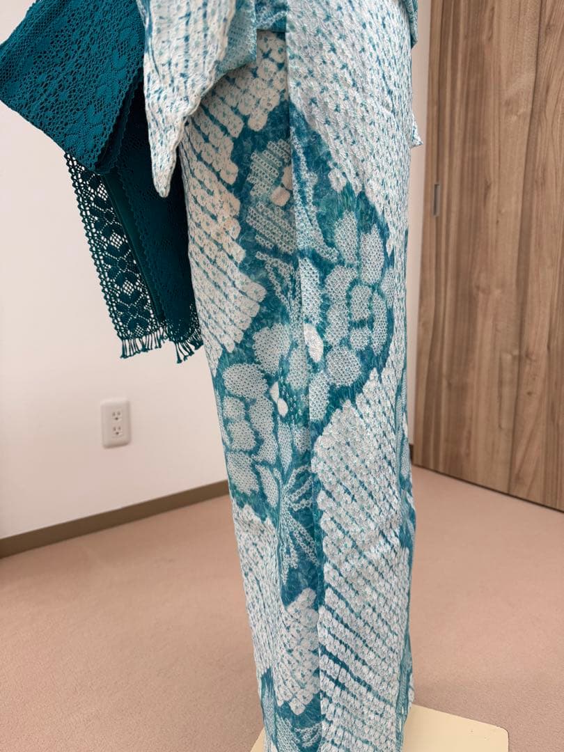 有松絞り青緑系花柄浴衣(美品)