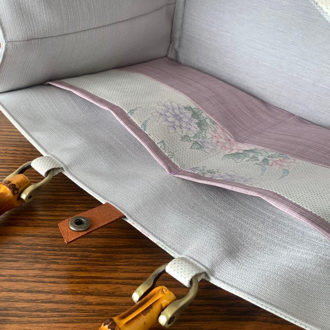 大島紬　霞に浮かぶ牡丹花丸文　リメイク　バンブーハンドルバッグ　浅型マチ広め