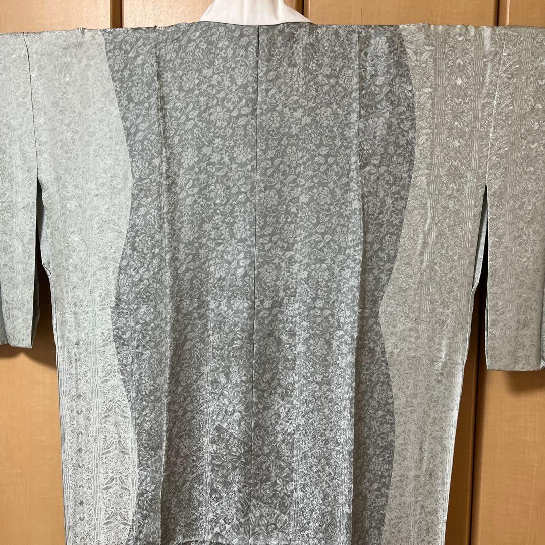 丹波縮緬　小紋 着物 ダークグレー 葉柄刺繍　長襦袢（着物と同サイズ）　セット