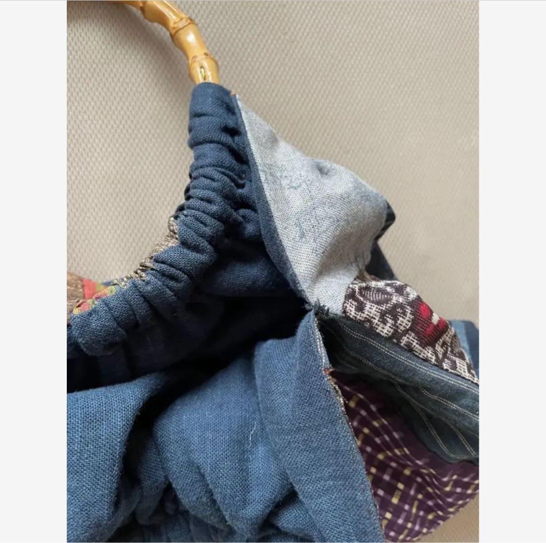 【一点もの】アンティーク和布と竹ハンドルのパッチワークグラニーバッグ