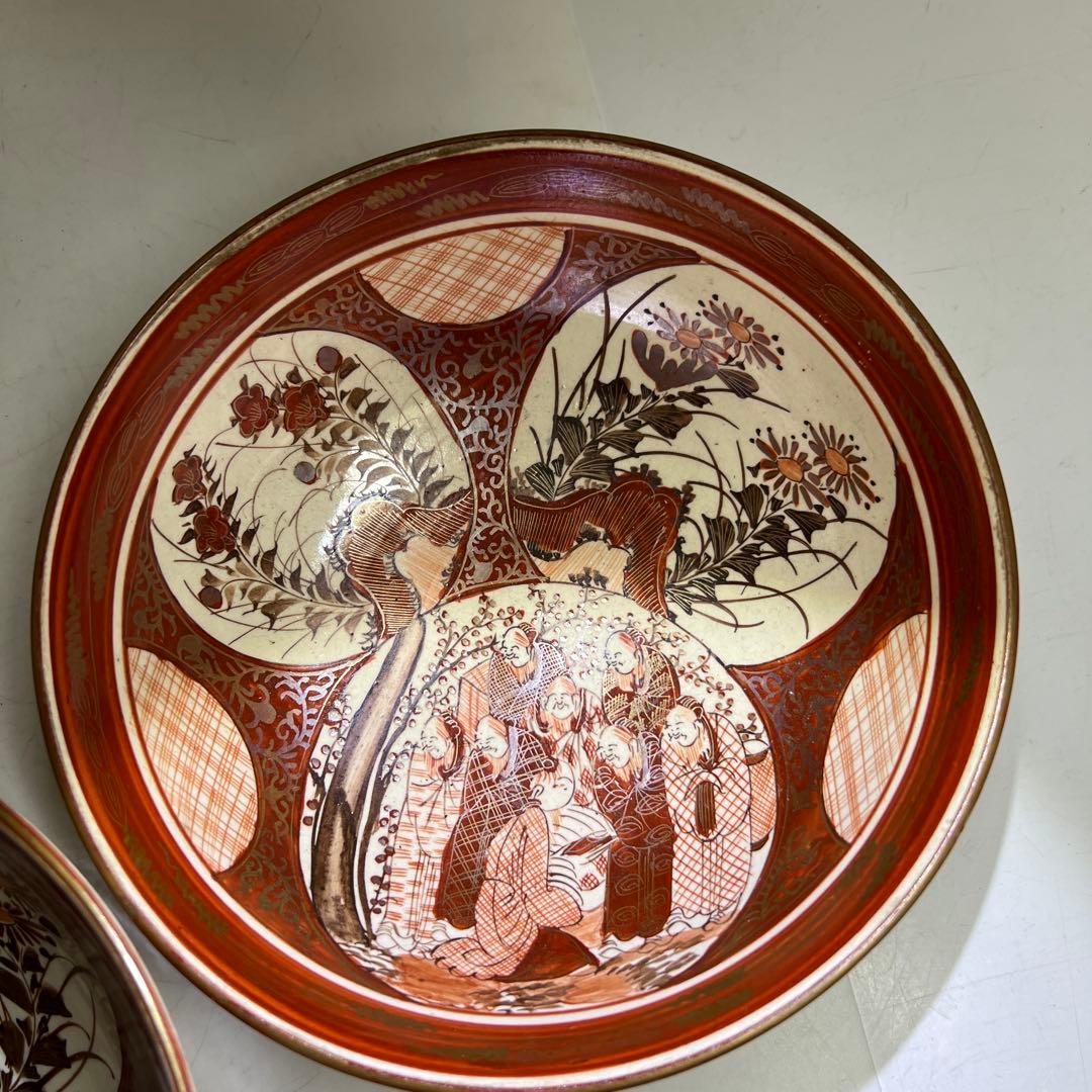 明治初期　九谷焼　赤絵人物画鉢大小　口径約21.5/18.5㎝東Y8-0123①