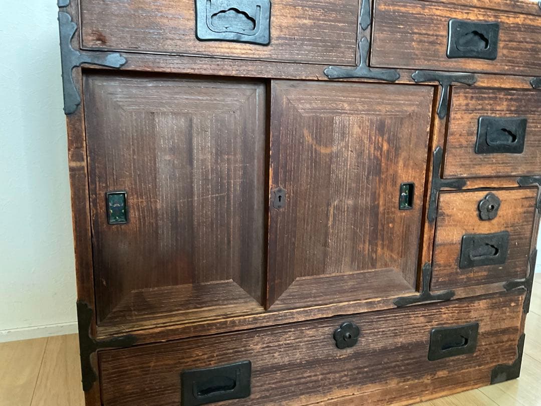 古家具　桐箪笥　引き戸七宝細工　引き手収納型　アンティーク　古道具