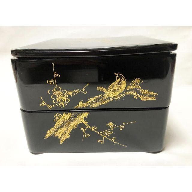 重箱 おせち 二段重 木製漆塗 梅に鶯沈金黒 6寸 18cm 漆器 アウトレット