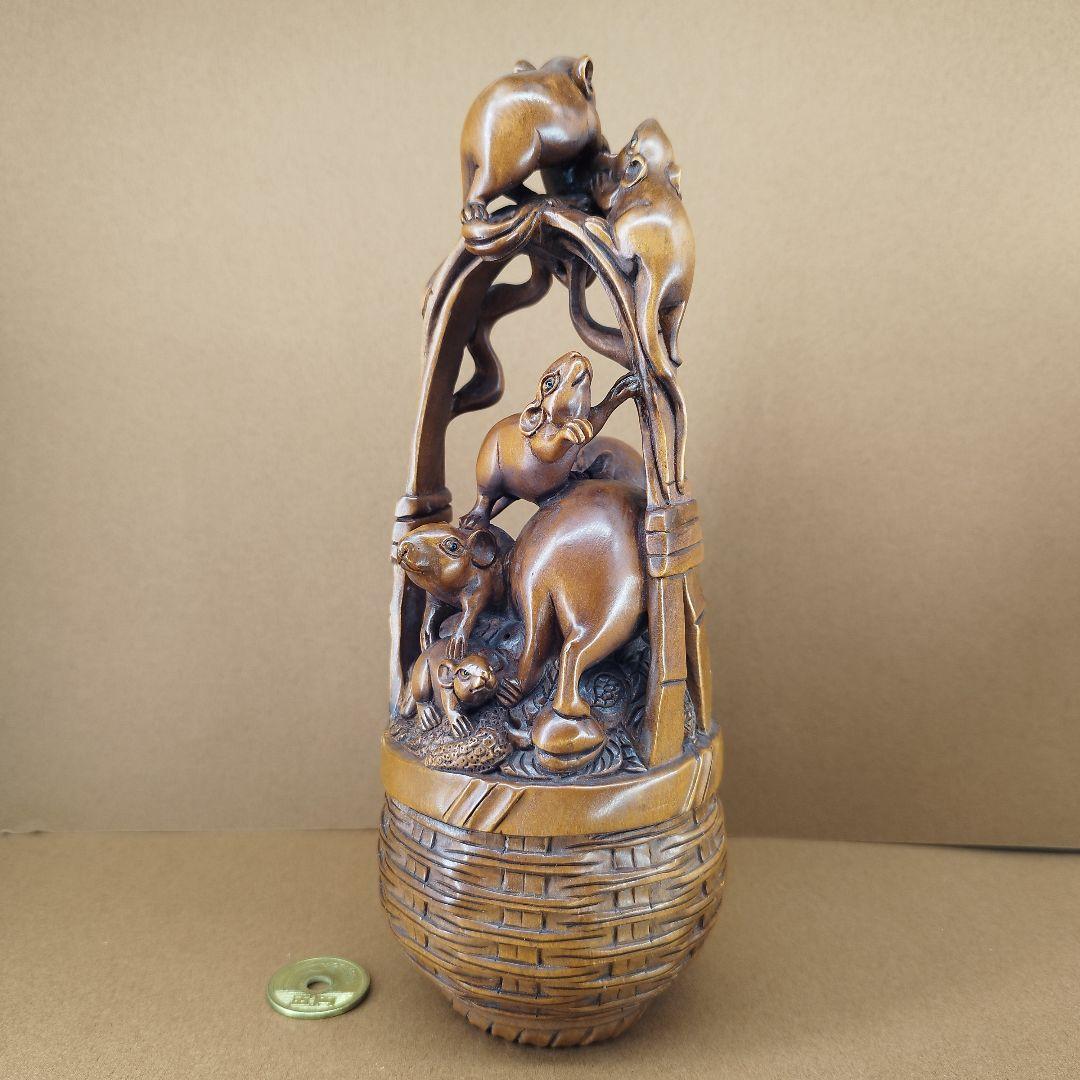 黄楊彫刻作品「家族繁栄、招財進寳」縁起置物《整理番号:BU005》