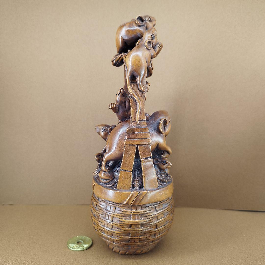 黄楊彫刻作品「家族繁栄、招財進寳」縁起置物《整理番号:BU005》