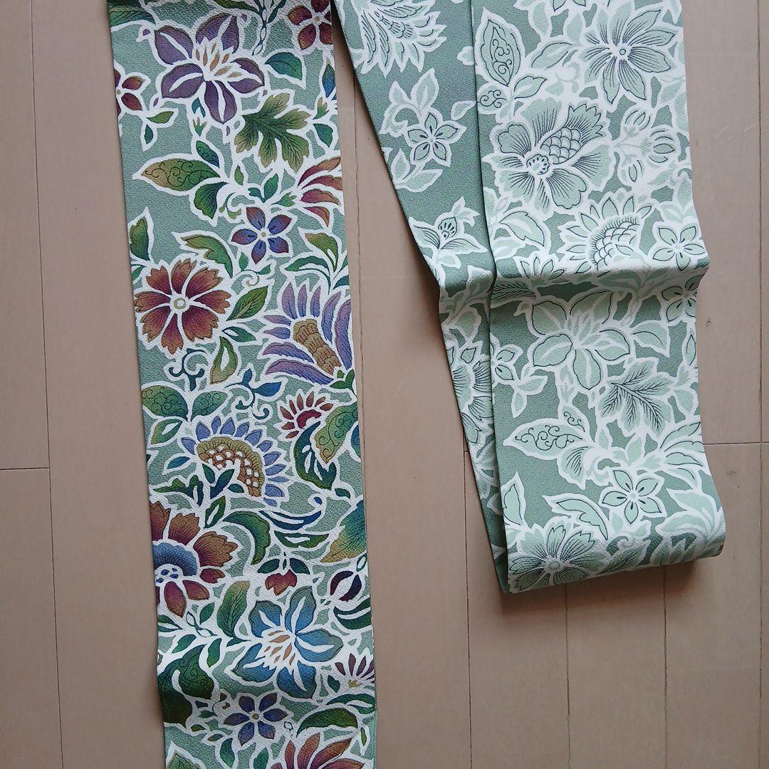 美品　名古屋帯 　緑色　 花柄