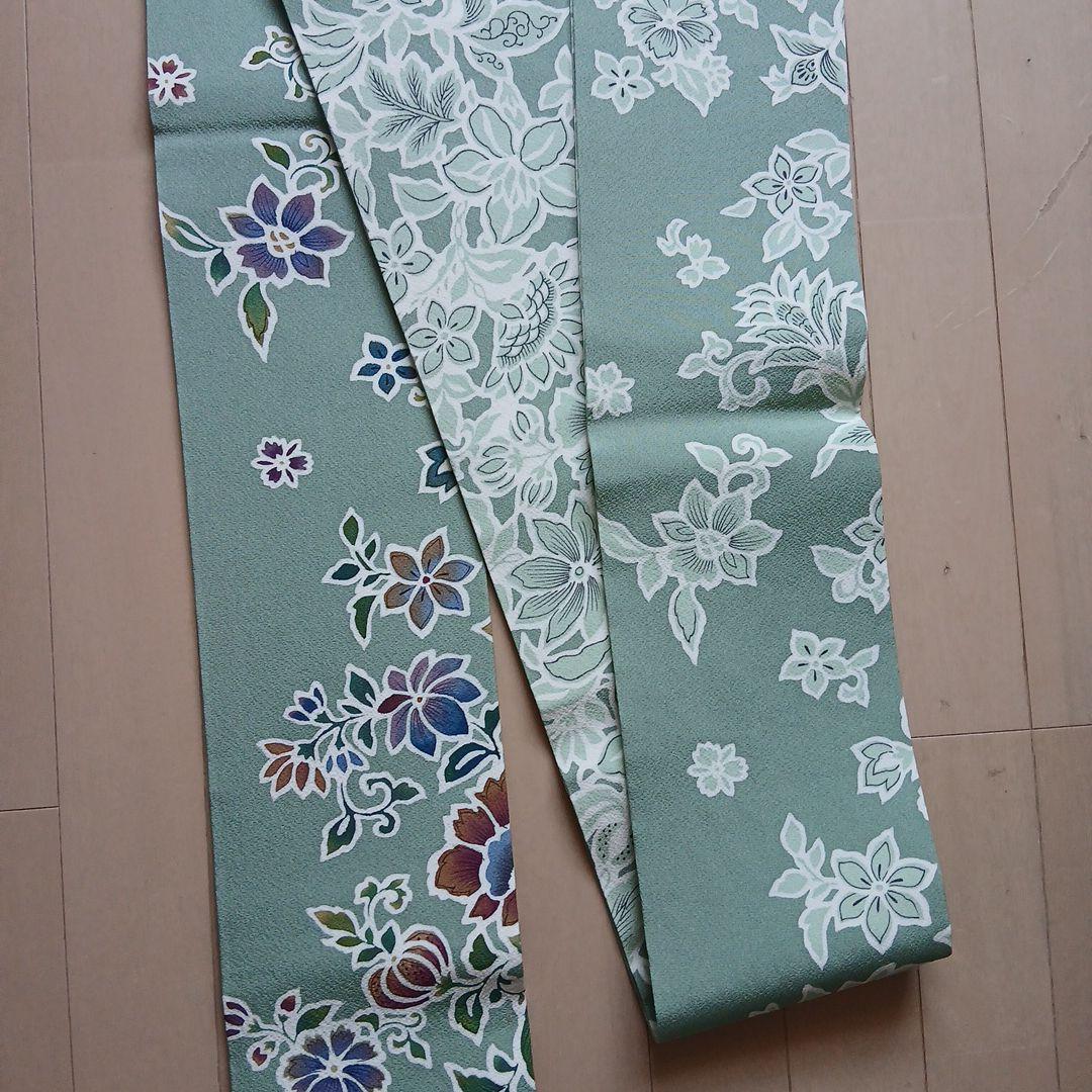 美品　名古屋帯 　緑色　 花柄