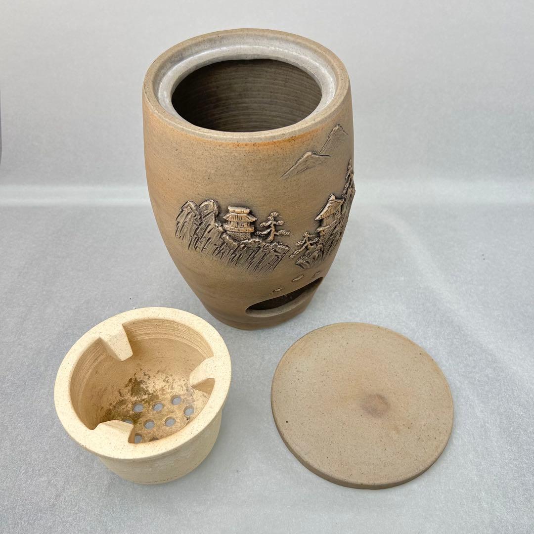 羽柴興誓作 山水彫 涼炉 共箱付 陶製 興誓窯 煎茶道具