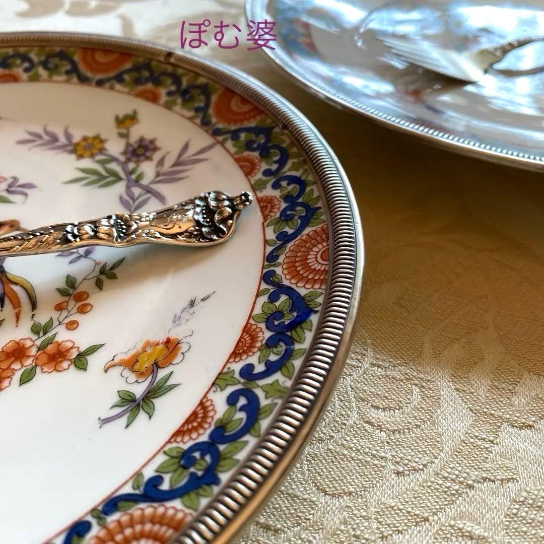 【フランス／純銀＋リモージュ】皿 ２枚セット／銀縁取りのプレート「シノワズリ」