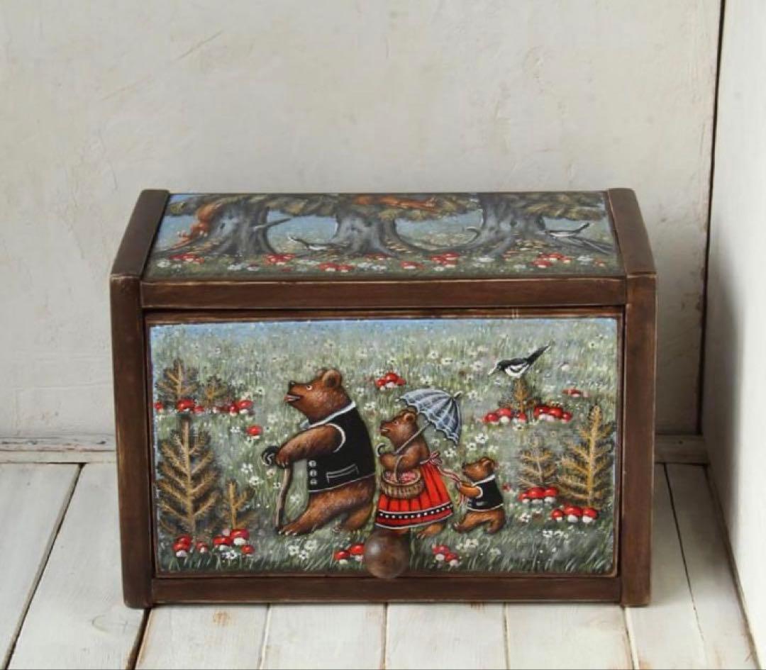 ＊訳ありロシア民話『3匹の熊&白腹カササギ&ウサギの家』木製収納箱マトリョーシカ