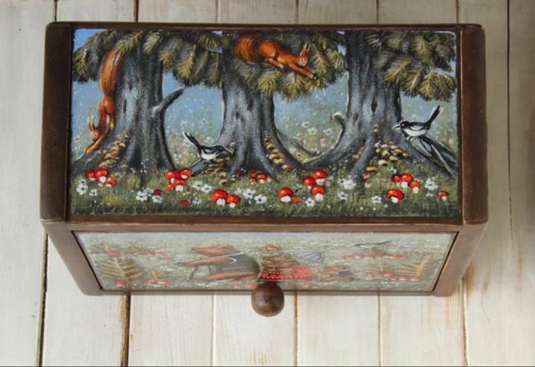 ＊訳ありロシア民話『3匹の熊&白腹カササギ&ウサギの家』木製収納箱マトリョーシカ