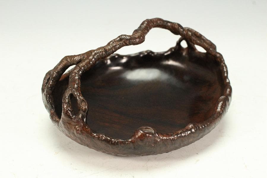 紫檀 刻 手付 皿 13.5cmx12cm 文房四宝(K-HA489)