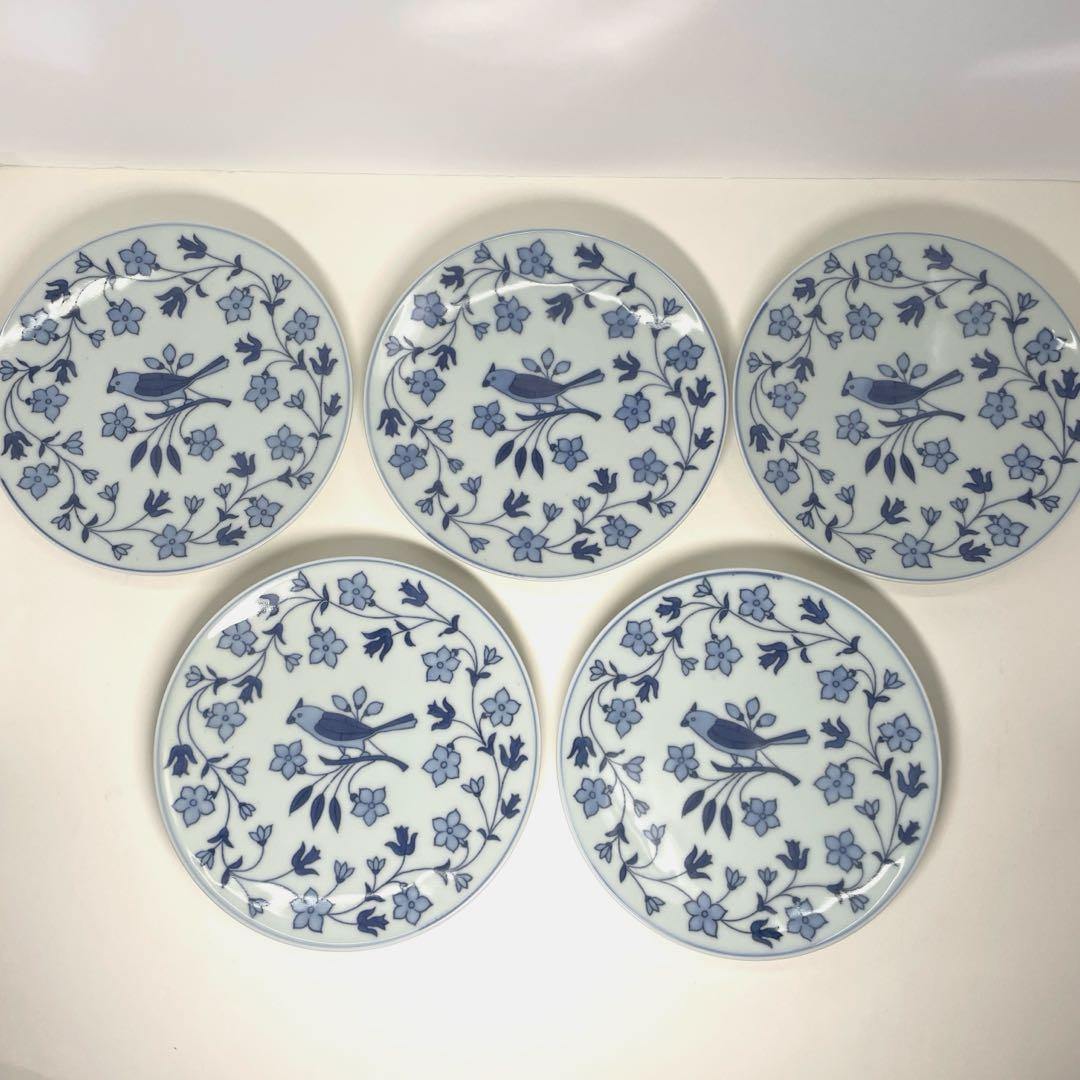 【貴古窯】青い鳥と花模様の皿セット 5枚