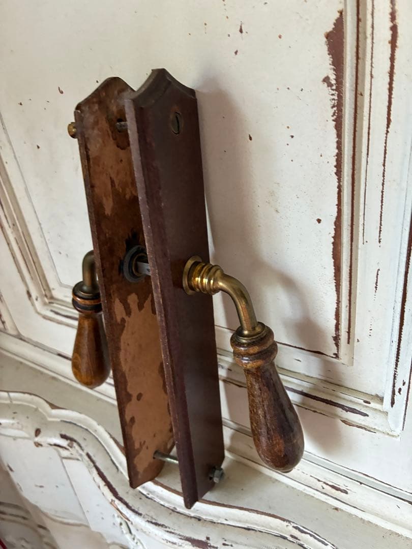 フランス　アンティーク 木製 ドアノブ　セット　取っ手 サマリテーヌ　真鍮　レア