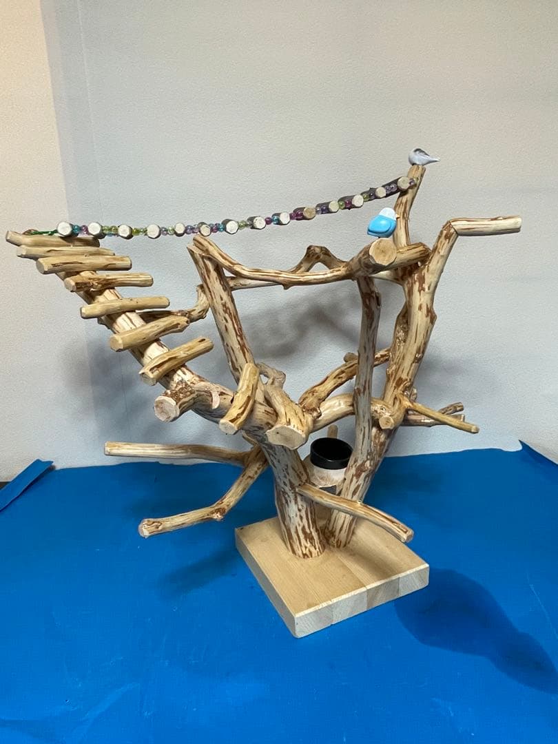 天然木製 鳥用止まり木 中型用 食器付き