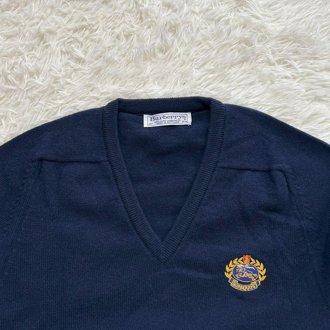 Burberrys スコットランド製 Vネックニット 刺繍ロゴ ウール100%
