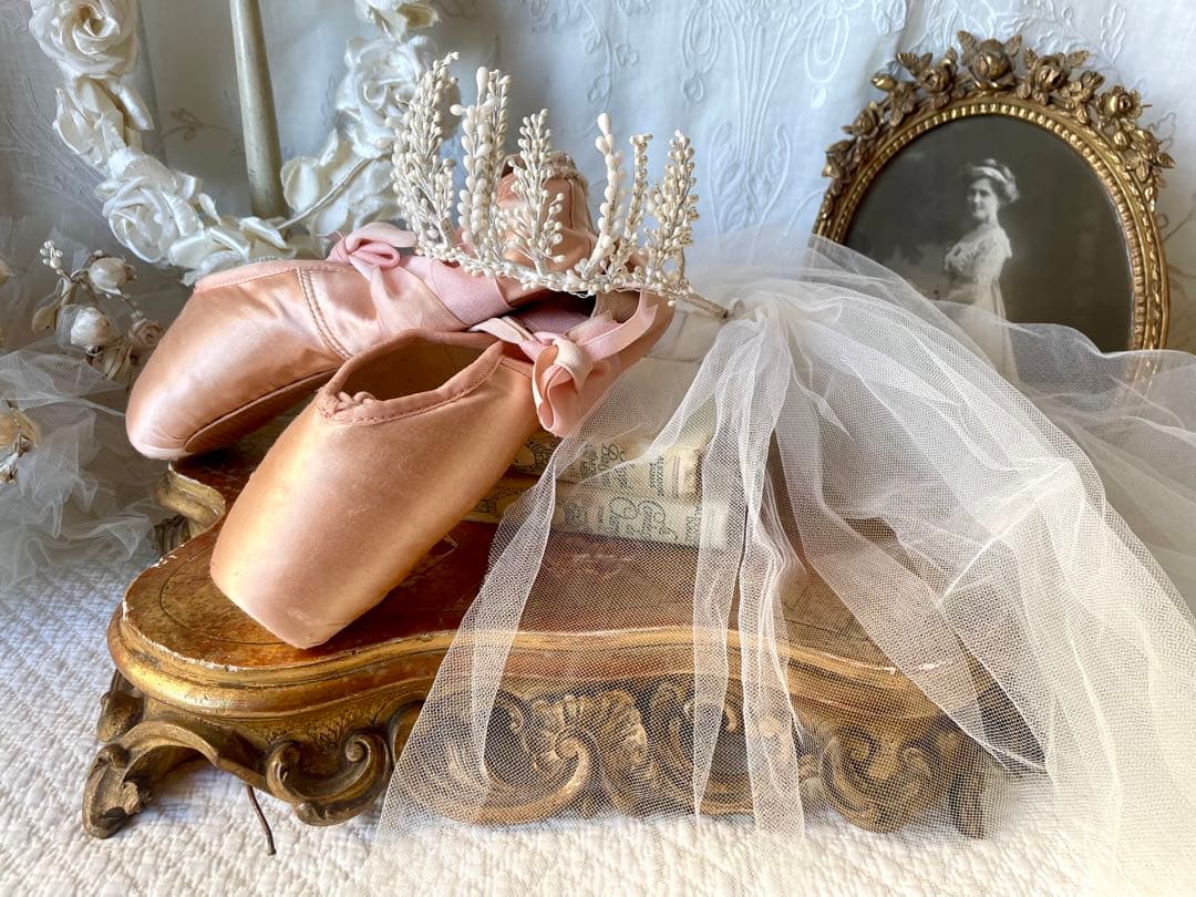 チュールベール付きワックスフラワーティアラ マリアージュ冠フランスアンティーク