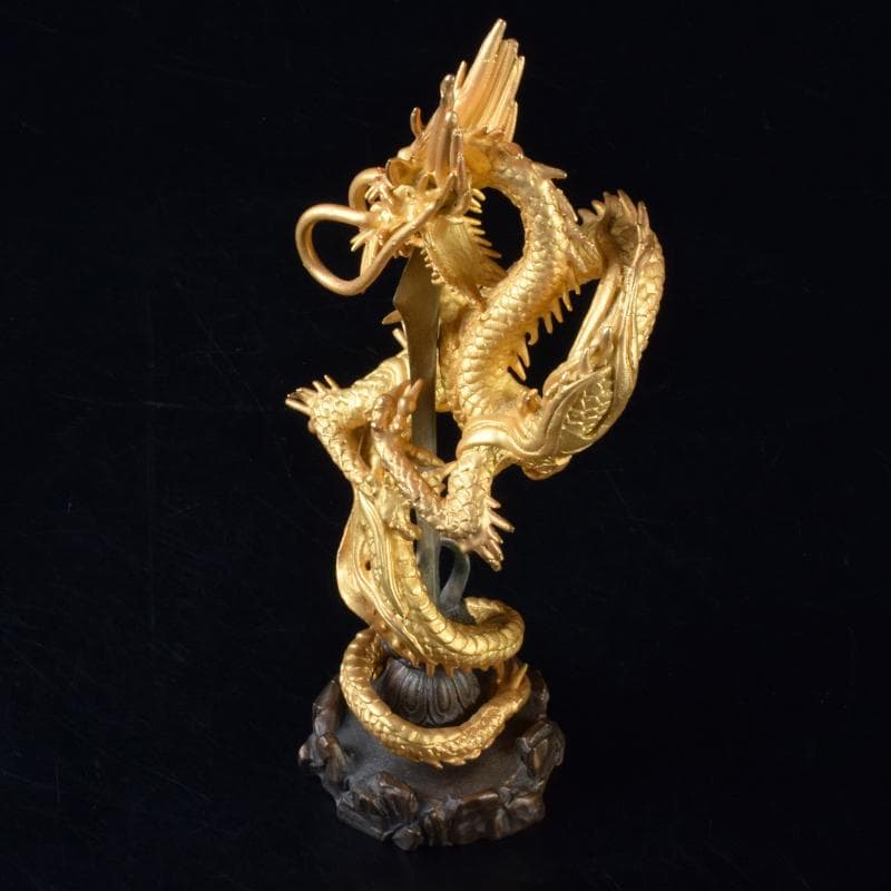 仏教美術　古銅鍍金　龍神　倶利伽羅大龍　不動明王　置物　時代箱付　M　7049