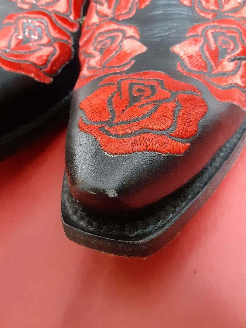 バラ刺繍 黒 レザー ウエスタンブーツ　23.5