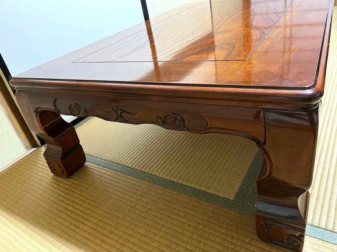【美品】高級座卓 和机 120cm 天然木 彫刻脚 欅（けやき）調