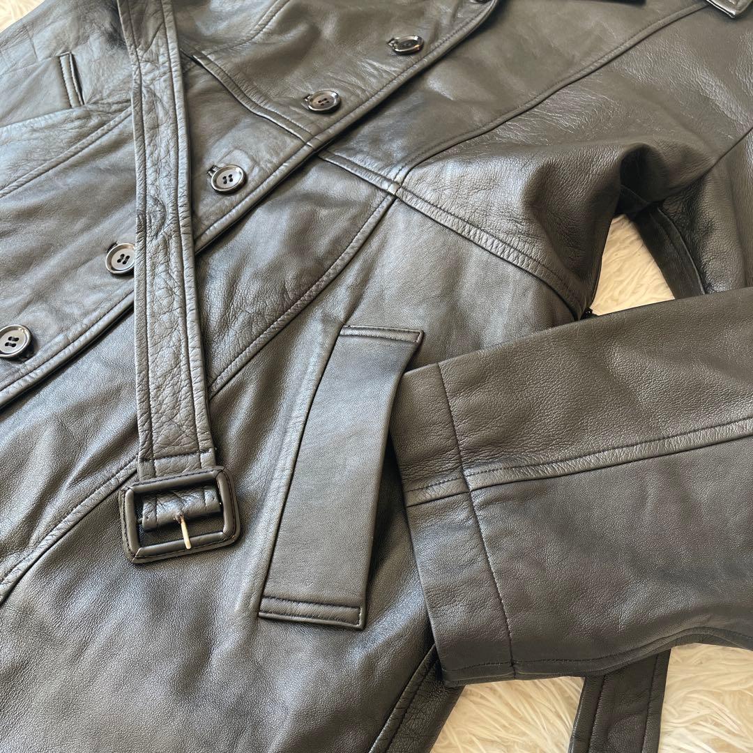 ミスアリス 羊革　レザーコート レザージャケット ベルト付 ひざ丈 ブラック