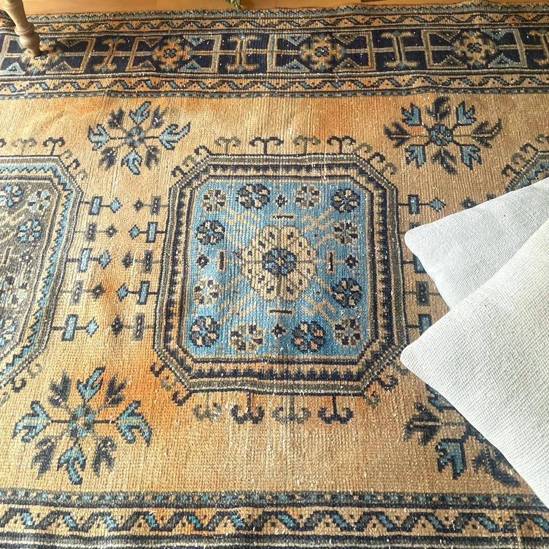 超特大140×366 くすみイエローベージュ　ボタニカル　トルコヴィンテージラグ