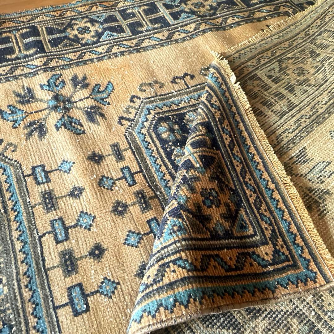 超特大140×366 くすみイエローベージュ　ボタニカル　トルコヴィンテージラグ