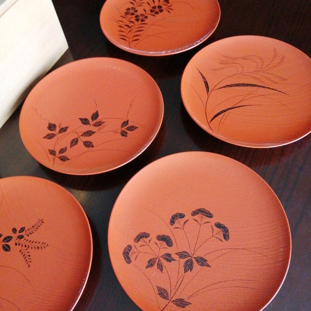 宮崎平安堂　朱塗絵替菓子皿　5枚　17cm