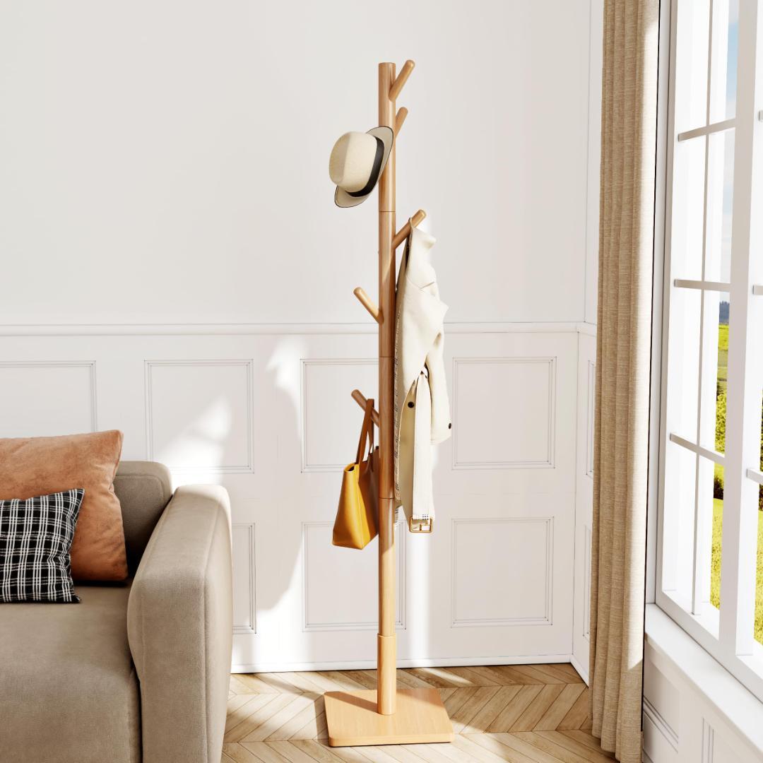 倒れにくい 木製ポールハンガーハンガーラック 調節可能 落ちにくい