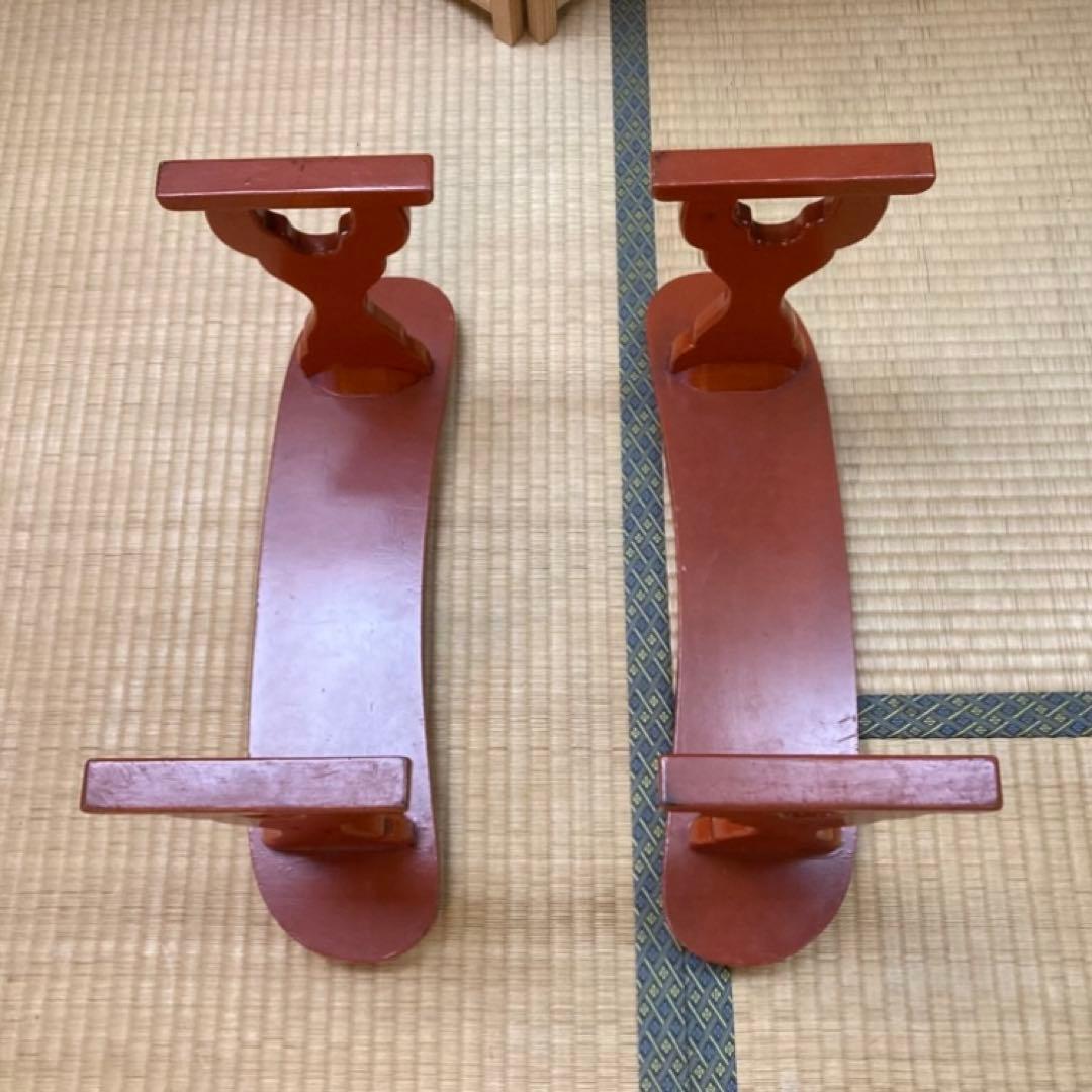 脇息 肘掛け 肘置き 朱色 根来塗 2点 和風 旅館 家具 古道具 昭和 レトロ