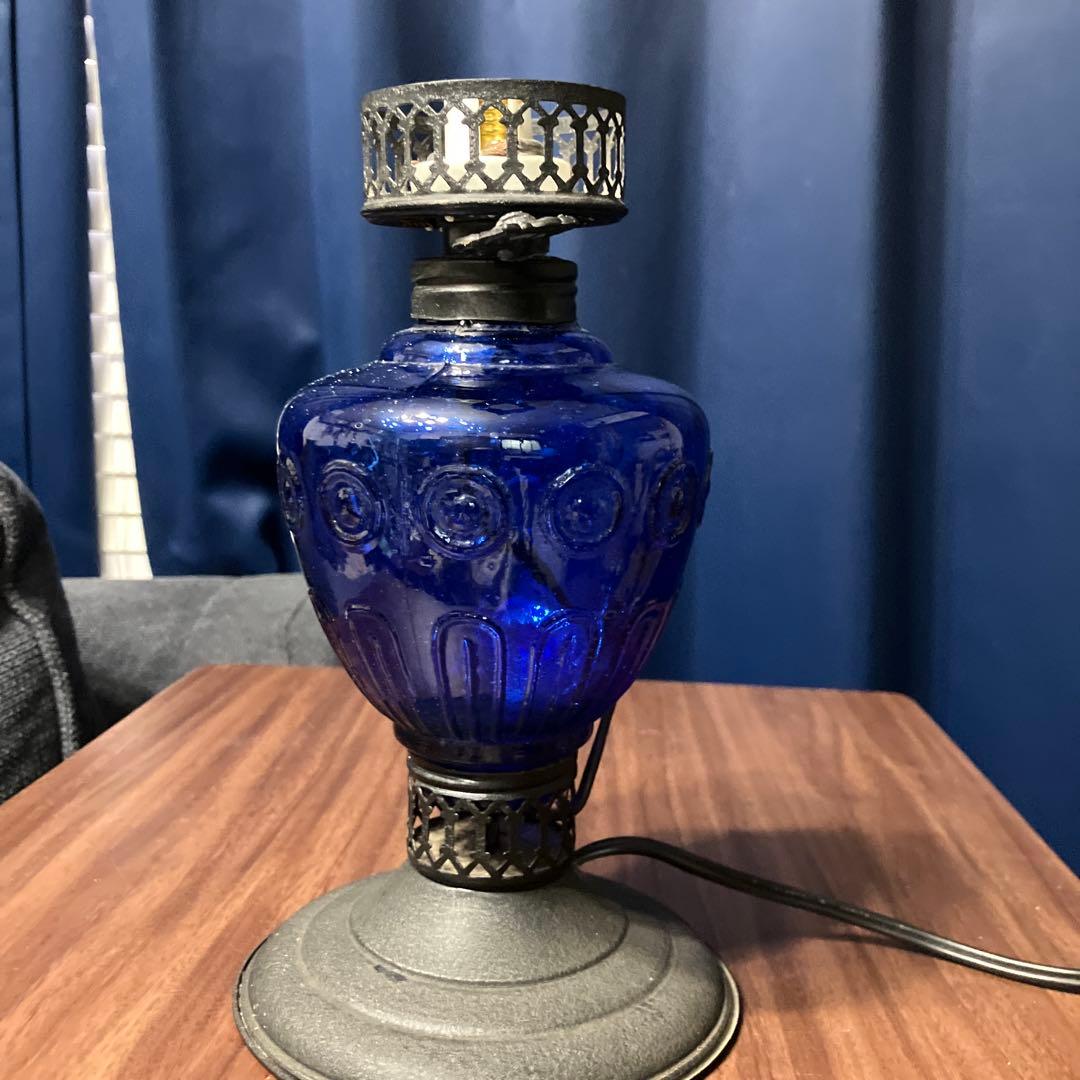 ヴィンテージ　コバルトブルーガラスランプ　アンティークランプ　青色ライト