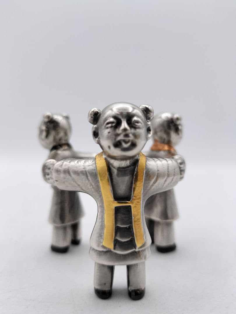 c640 蓋置 銀仕上 三つ人形 金谷浄雲 木箱 茶道具 古物