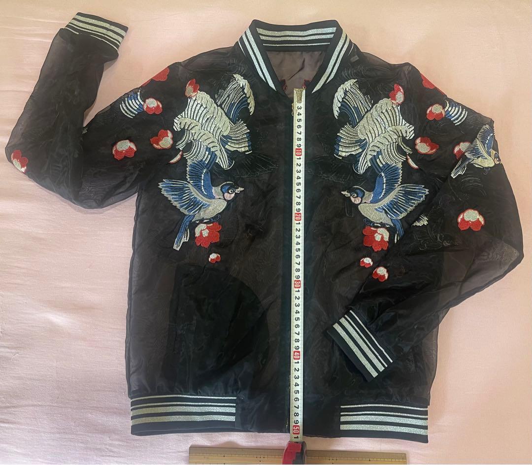 Ochirly(L)透けるスカジャンTATOO柄,春夏軽い,未使用に近い男女兼用