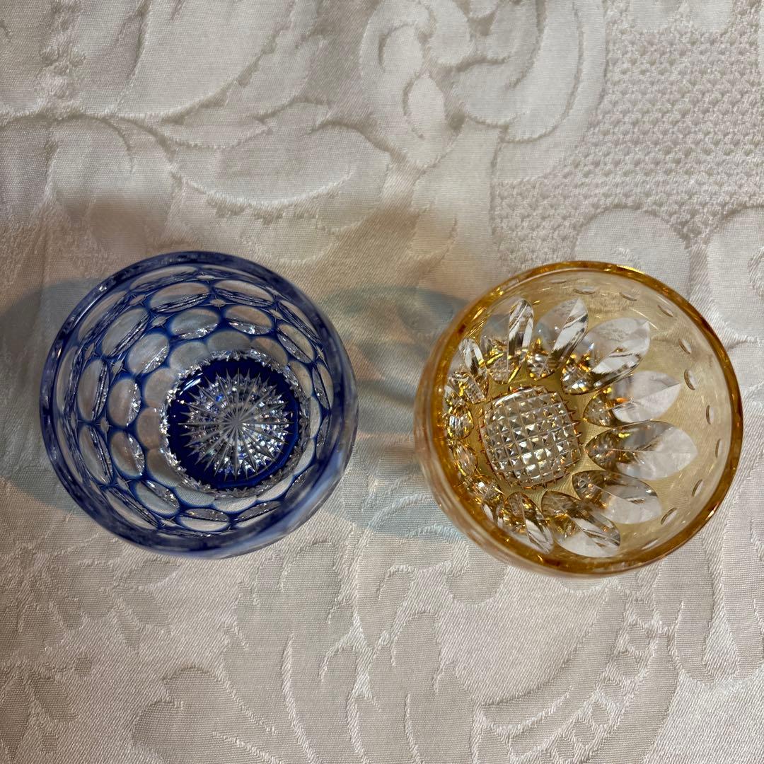 江戸切子　カガミクリスタル　冷酒杯　「紫陽花」「向日葵」 鍋谷聡作　伝統工芸品