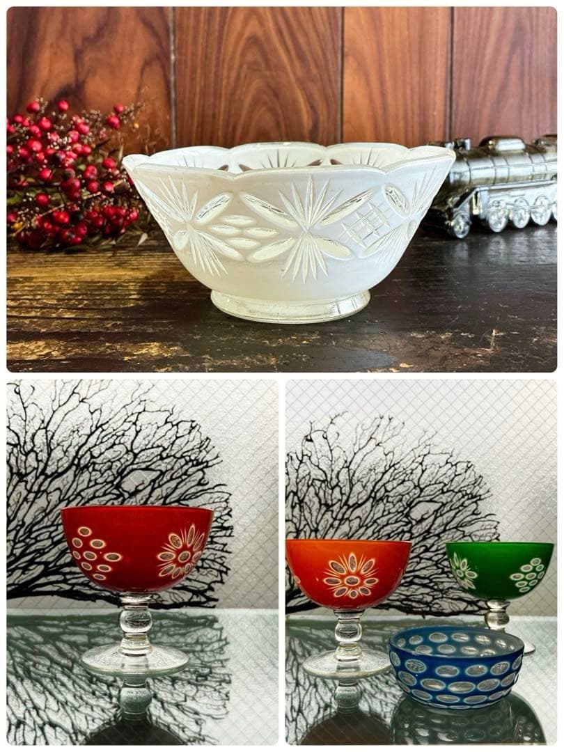 骨董　時代ガラス　超希少　白被せ切子　電笠調　和モダンカット　輪花　氷コップ１客