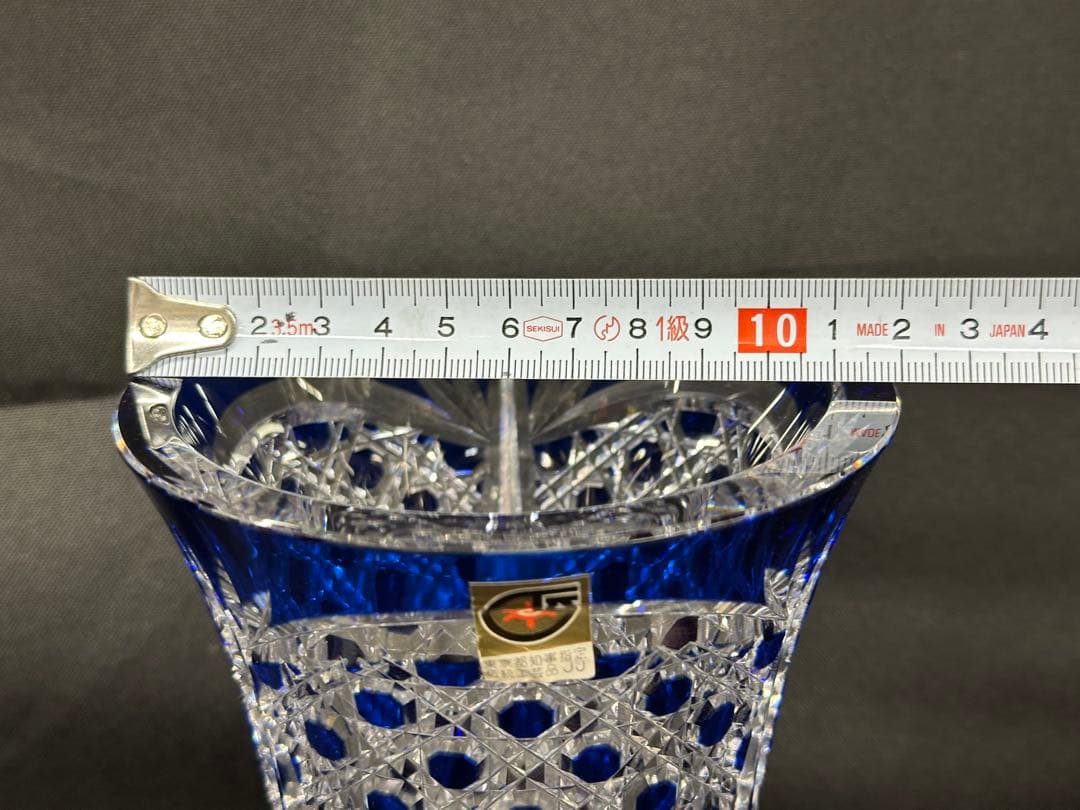 【使用美品】江戸切子　切子　花器　花瓶　壺　泰典　青　ブルー　20.5cm