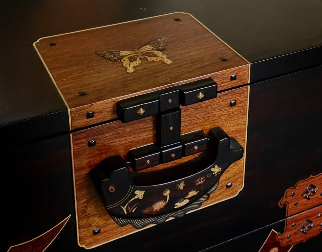 「母」黒檀 寄木 象嵌細工 李朝 バンダジ風 3ドロアー チェスト （柱②）