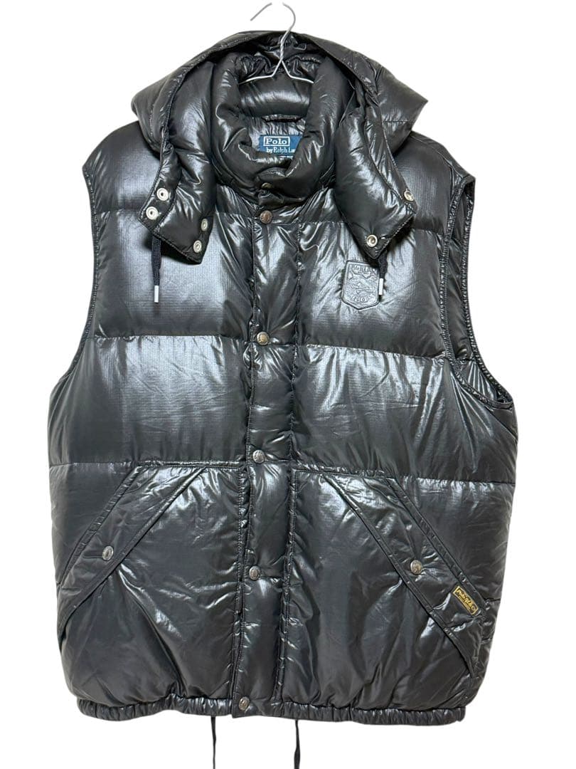 美品☆ポロラルフローレン ダウンベスト 黒 牛革 エンブレム L