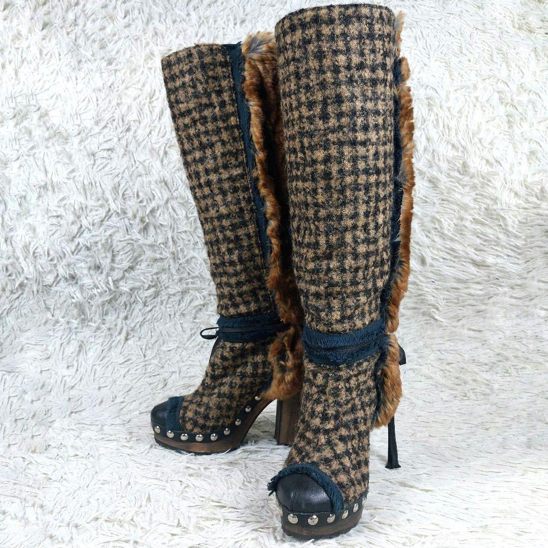 美品 定価17.5万 CHANEL ココマークツイード ファーレザーロングブーツ